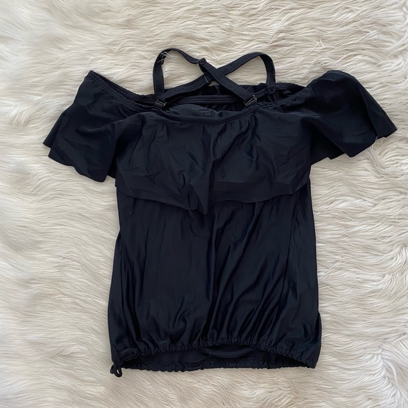 Mermaid Maternity Black Ruffle Cold Shoulder Drawstring Hem Tankini Swimsuit Top - Picture 7 of 11